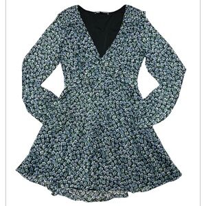 Zara blue black floral mini‎ long sleeve dress Size XS